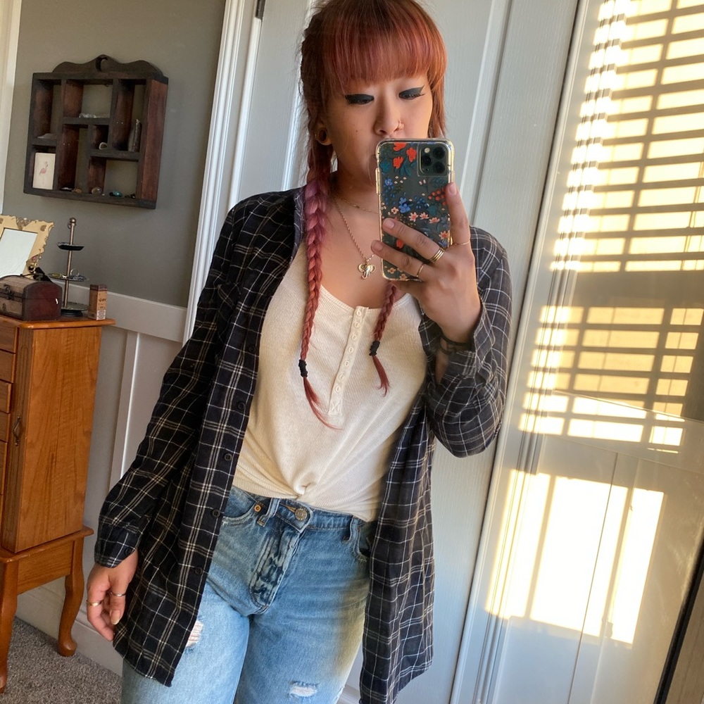• dark blue plaid flannel